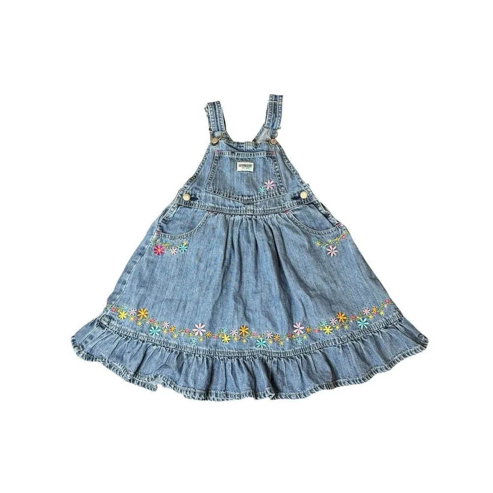 OshKosh Girls Denim Dress Overalls Embroidered Floral Blue Size 4 Spring Summer